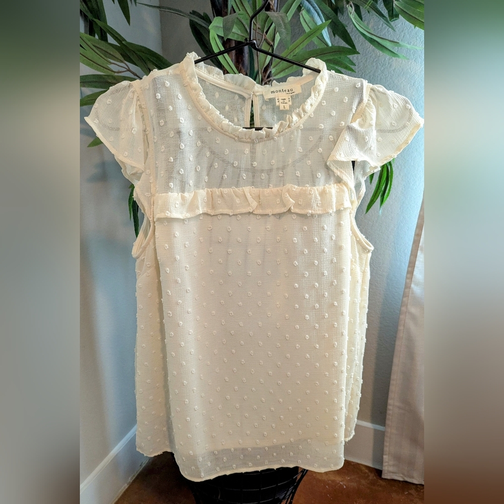 Monteau | Cream | Ruffled Baby Doll Top | Large
